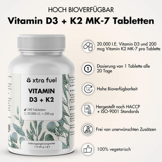 Vitamine D3 + K2 en comprimés - 20.000 U.I. + 200mcg - 100% pure & hautement dosée
