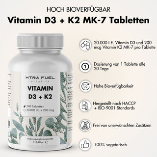 Vitamine D3/K2 comprimés MK7 all-trans - 20.000 I.U. + 200 μg - 240 comprimés par boîte