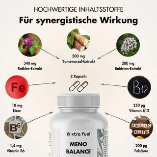 Gélules pour la ménopause - Meno Balance - Formule naturelle avec igname, trèfle rouge, valériane & fer