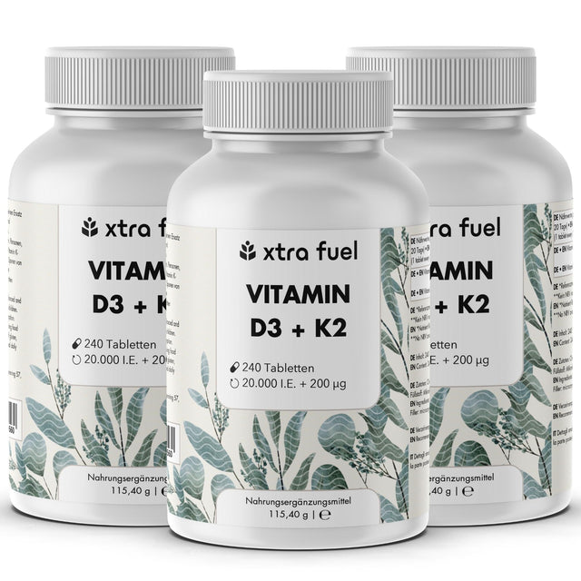 Vitamine D3 + K2 en comprimés - 20.000 U.I. + 200mcg - 100% pure & hautement dosée