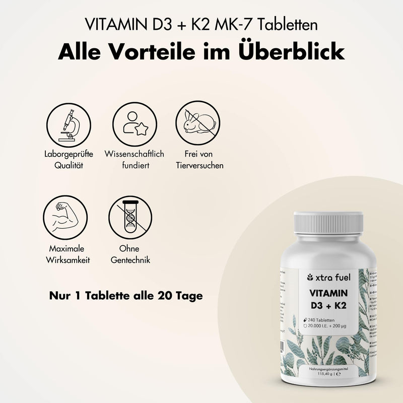 Vitamine D3 + K2 en comprimés - 20.000 U.I. + 200mcg - 100% pure & hautement dosée