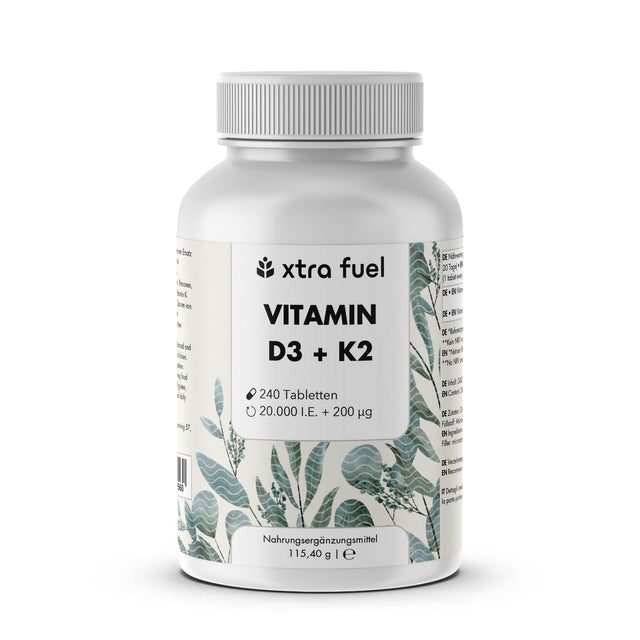 Vitamine D3 + K2 en comprimés - 20.000 U.I. + 200mcg - 100% pure & hautement dosée