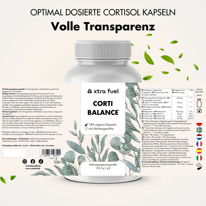 Cortisol Capsules* - Corti Balance* - mélange de nutriments avec Ashwagandha, Rhodiola & Vitamine B6