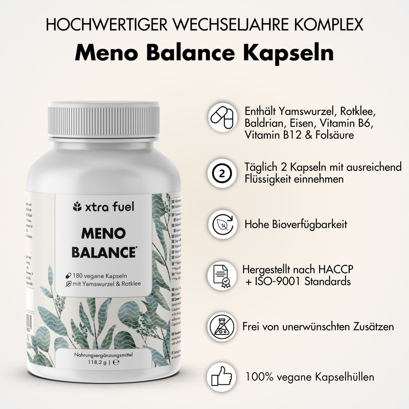 Gélules pour la ménopause - Meno Balance - Formule naturelle avec igname, trèfle rouge, valériane & fer