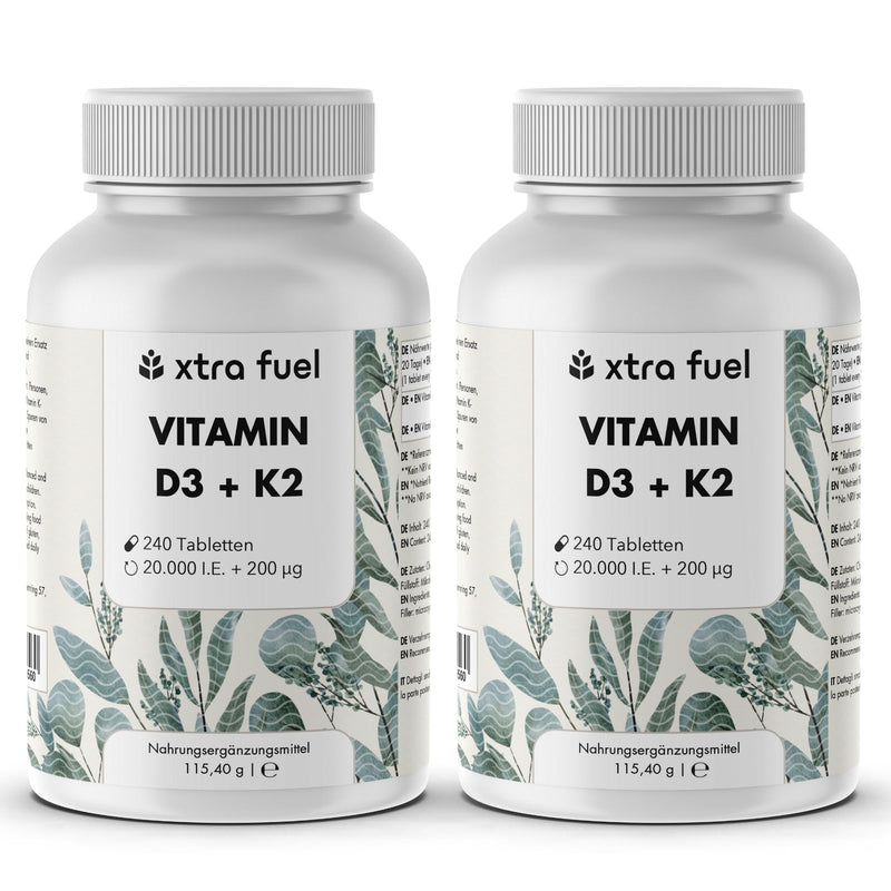 Vitamine D3 + K2 en comprimés - 20.000 U.I. + 200mcg - 100% pure & hautement dosée