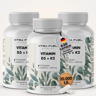 Capsules de vitamine D3 + K2 - 20 000 UI + 200 mcg - hautement pures et végétariennes